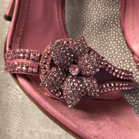 LERRE Handmade in Italy Pink Silk 3.5” heel Rhinestone Flower Size 37 Sandals - Picture 2 of 12